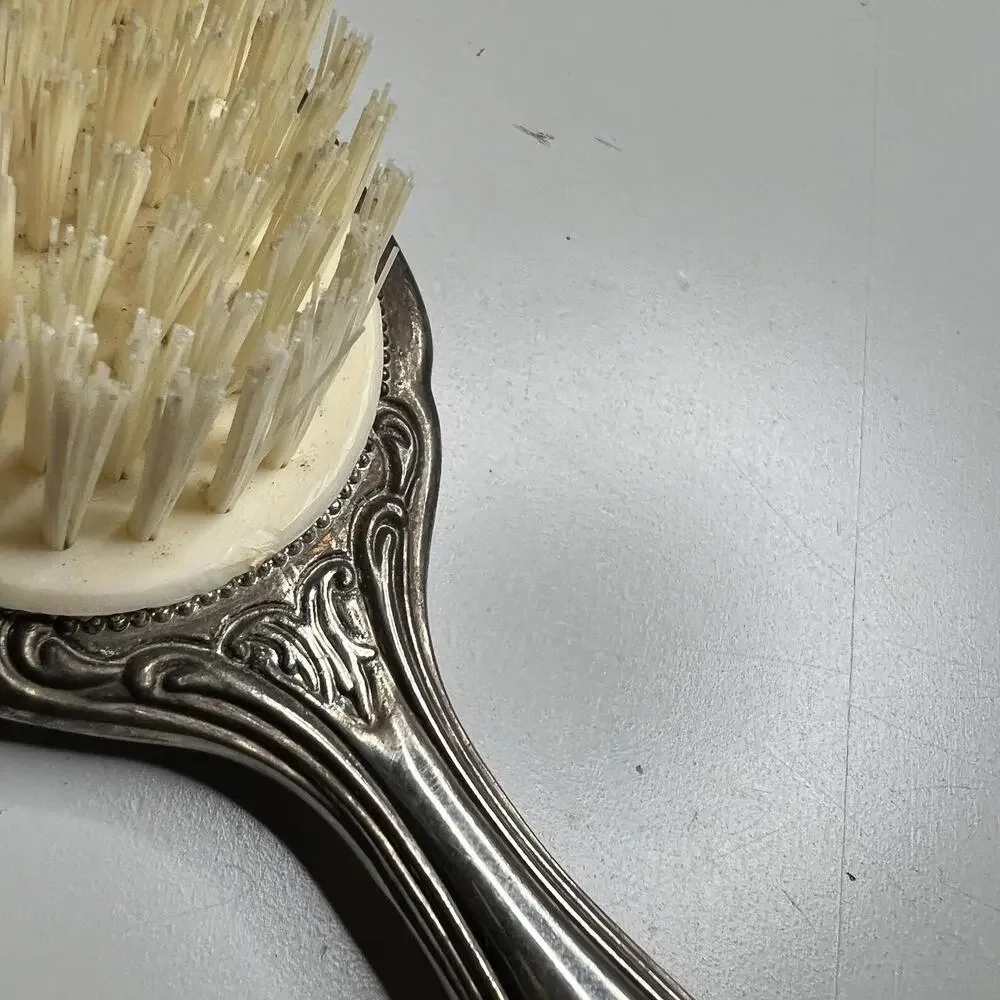 Vintage‎ Silver Tone Hair Brush Ornate Floral Handle Vanity Grooming Decor